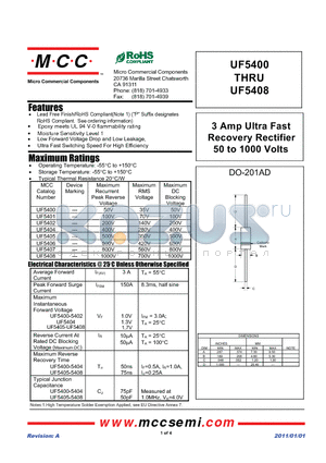 UF5400 datasheet - 3 Amp Ultra Fast Recovery Rectifier 50 to 1000 Volts