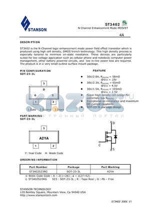 ST3402S23RG datasheet - N Channel Enhancement Mode MOSFET