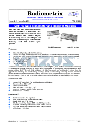 RX2-433-14-3V datasheet - UHF FM Data Transmitter and Receiver Modules