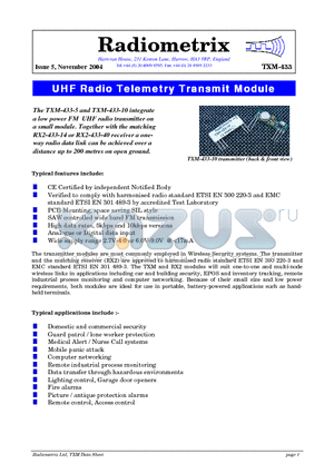 RX2-433-14-5V datasheet - UHF Radio Telemetry Transmit Module