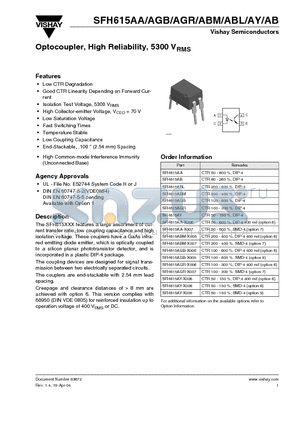SFH615AA-X006 datasheet - Optocoupler, High Reliability, 5300 VRMS