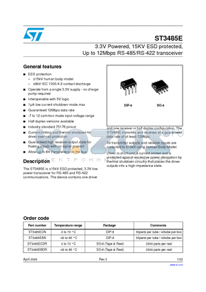 ST3485EBN datasheet - 3.3V Powered, 15KV ESD protected, Up to 12Mbps RS-485/RS-422 transceiver