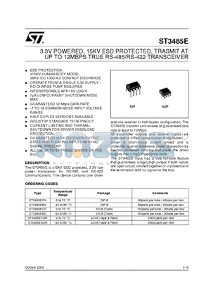ST3485ECD datasheet - 3.3V POWERED, 15KV ESD PROTECTED, TRASMIT AT UP TO 12MBPS TRUE RS-485/RS-422 TRANSCEIVER