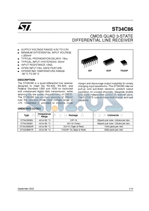 ST34C86BTR datasheet - CMOS QUAD 3-STATE DIFFERENTIAL LINE RECEIVER