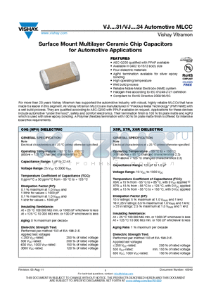 VJ0402Y102BFXAO34 datasheet - Surface Mount Multilayer Ceramic Chip Capacitors for Automotive Applications