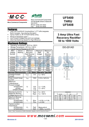 UF5401 datasheet - 3 Amp Ultra Fast Recovery Rectifier 50 to 1000 Volts