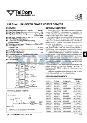 TC426CPA datasheet - 1.5A DUAL HIGH-SPEED POWER MOSFET DRIVERS