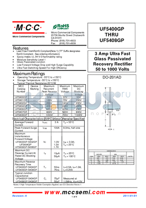 UF5401GP datasheet - 3 Amp Ultra Fast Glass Passivated Recovery Rectifier 50 to 1000 Volts