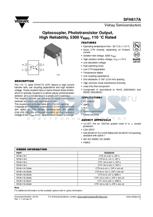 SFH617A-4X006 datasheet - Optocoupler, Phototransistor Output, High Reliability, 5300 VRMS, 110 `C Rated