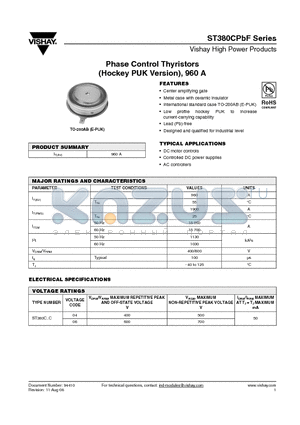 ST380C06C1PBF datasheet - Phase Control Thyristors (Hockey PUK Version), 960 A
