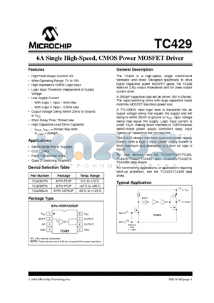 TC429 datasheet - 6A Single High-Speed, CMOS Power MOSFET Driver