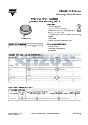 ST380CH06C0PBF datasheet - Phase Control Thyristors (Hockey PUK Version), 960 A