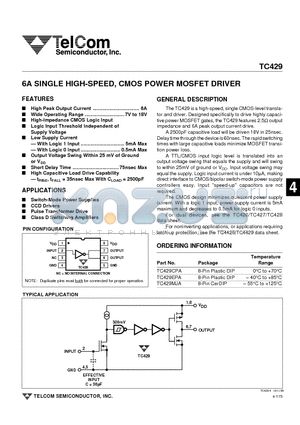 TC429MJA datasheet - 6A SINGLE HIGH-SPEED, CMOS POWER MOSFET DRIVER