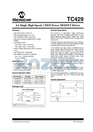 TC429CPA datasheet - 6A Single High-Speed, CMOS Power MOSFET Driver