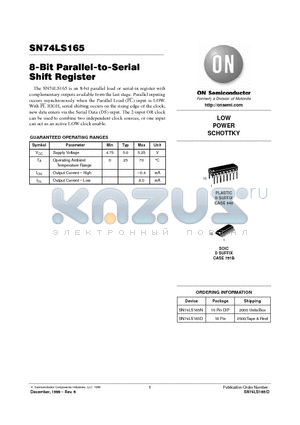 SN74LS165 datasheet - LOW POWER SCHOTTKY