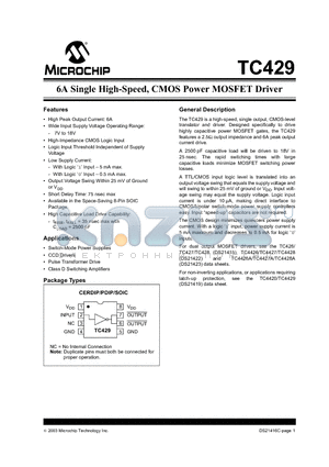 TC429_03 datasheet - 6A Single High-Speed, CMOS Power MOSFET Driver