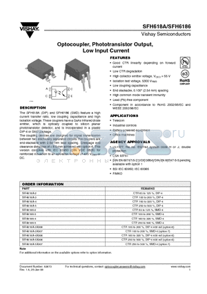 SFH618A-3X007 datasheet - Optocoupler, Phototransistor Output, Low Input Current