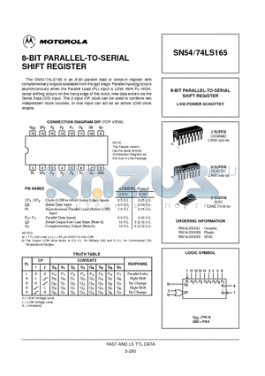 SN74LS165D datasheet - 8-BIT PARALLEL-TO-SERIAL SHIFT REGISTER