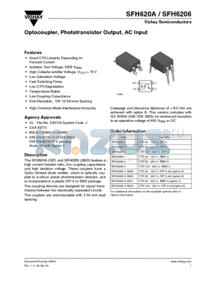SFH620A datasheet - Optocoupler, Phototransistor Output, AC Input