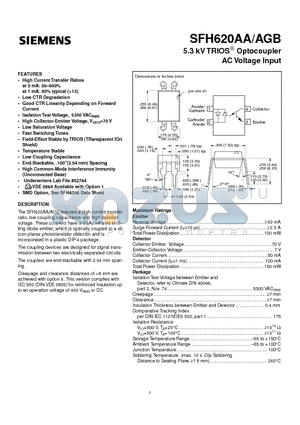 SFH620AA datasheet - 5.3 kV TRIOS  Optocoupler AC Voltage Input