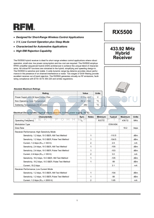 RX5500 datasheet - 433.92 MHz Hybrid Receiver