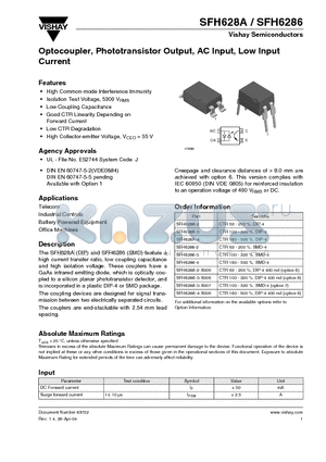 SFH628A-3 datasheet - Optocoupler, Phototransistor Output, AC Input, Low Input Current