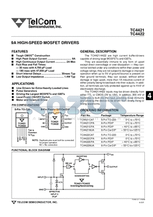 TC4421CPA datasheet - 9A HIGH-SPEED MOSFET DRIVERS