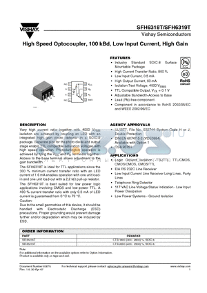 SFH6318T datasheet - High Speed Optocoupler, 100 kBd, Low Input Current, High Gain