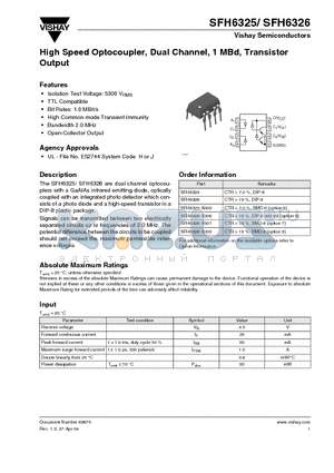 SFH6325 datasheet - High Speed Optocoupler, Dual Channel, 1 MBd, Transistor Output