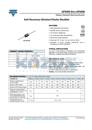 UF5406 datasheet - Soft Recovery Ultrafast Plastic Rectifier