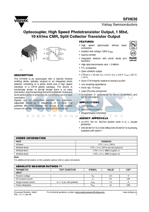 SFH636-X006 datasheet - Optocoupler, High Speed Phototransistor Output, 1 Mbd, 10 kV/ms CMR, Split Collector Transistor Output