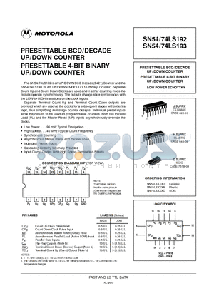 SN74LS192D datasheet - PRESETTABLE BCD/DECADE UP/DOWN COUNTER PRESETTABLE 4-BIT BINARY UP/DOWN COUNTER