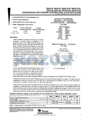 SN74LS193NSRE4 datasheet - SYNCHRONOUS 4-BIT UP/DOWN COUNTERS (DUAL CLOCK WITH CLEAR)