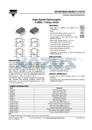 SFH6705 datasheet - High Speed Optocoupler 5 MBd, 1 kV/ls dV/dt