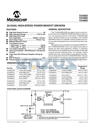 TC4423CPA datasheet - 3A DUAL HIGH-SPEED POWER MOSFET DRIVERS