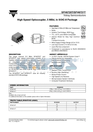 SFH6720T datasheet - High Speed Optocoupler, 5 MBd, in SOIC-8 Package