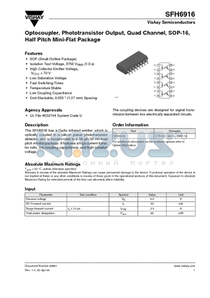 SFH6916 datasheet - Optocoupler, Phototransistor Output, Quad Channel, SOP-16, Half Pitch Mini-Flat Package