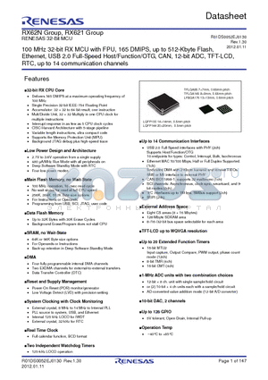 RX62N_12 datasheet - 100 MHz 32-bit RX MCU with FPU, 165 DMIPS, up to 512-Kbyte Flash, Ethernet