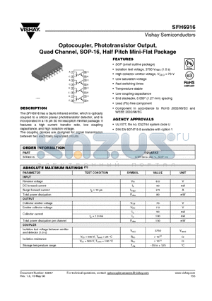 SFH6916 datasheet - Optocoupler, Phototransistor Output, Quad Channel, SOP-16, Half Pitch Mini-Flat Package