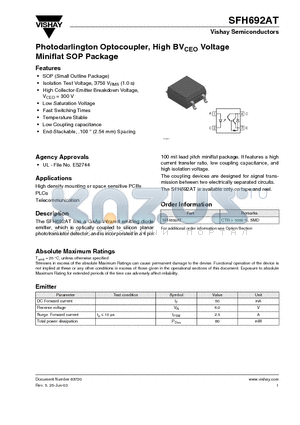 SFH692AT datasheet - Photodarlington Optocoupler, High BVCEO Voltage Miniflat SOP Package