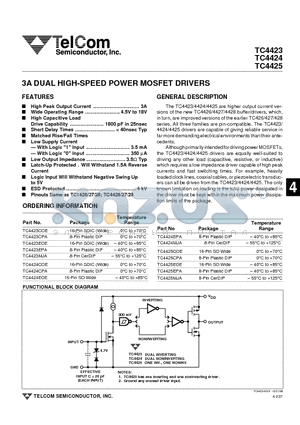 TC4424EPA datasheet - 3A DUAL HIGH-SPEED POWER MOSFET DRIVERS