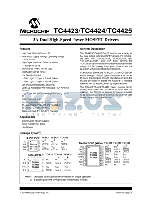 TC4425CPA datasheet - 3A Dual High-Speed Power MOSFET Drivers