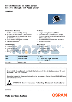 SFH9210 datasheet - Reflexlichtschranke mit VCSEL-Sender