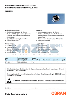 SFH9221 datasheet - Reflexlichtschranke mit VCSEL-Sender