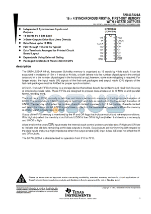 SN74LS224AN datasheet - 16  4 SYNCHRONOUS FIRST-IN, FIRST-OUT MEMORY WITH 3-STATE OUTPUTS