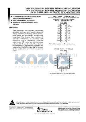 SN74LS240 datasheet - OCTAL BUFFERS AND LINE DRIVERS WITH 3-STATE OUTPUTS