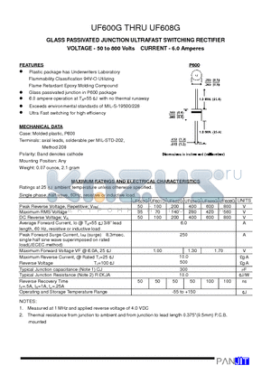 UF602G datasheet - GLASS PASSIVATED JUNCTION ULTRAFAST SWITCHING RECTIFIER(VOLTAGE - 50 to 800 Volts CURRENT - 6.0 Amperes)