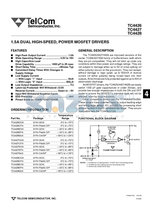 TC4426EPA datasheet - 1.5A DUAL HIGH-SPEED, POWER MOSFET DRIVERS