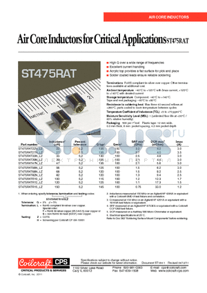 ST475RAT datasheet - Air Core Inductors for Critical Applications