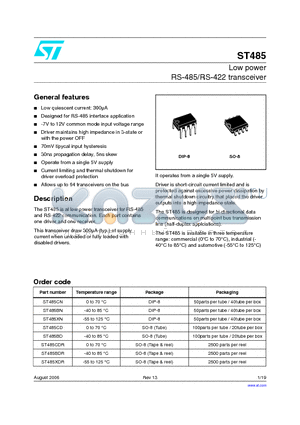 ST485BD datasheet - Low power RS-485/RS-422 transceiver